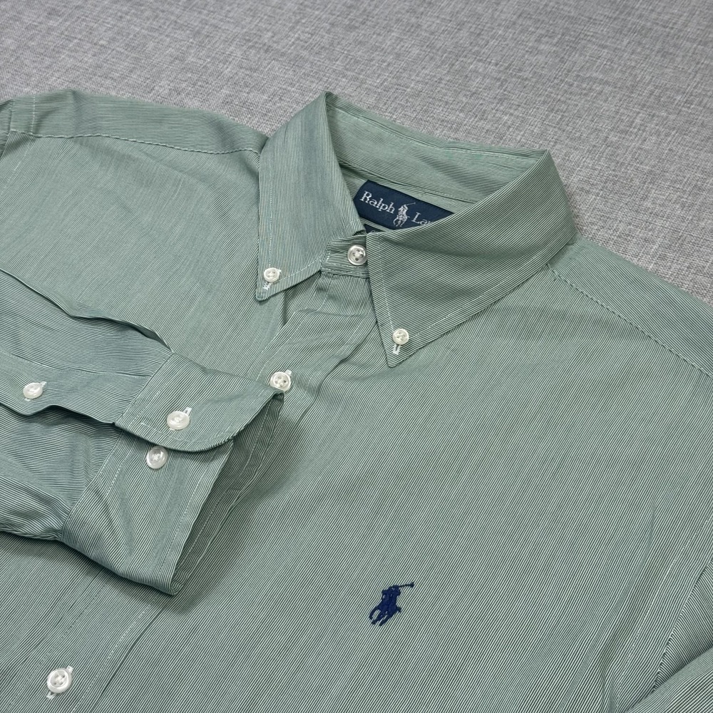 Ralph Lauren Button-Down Dress Shirt Mens 16.5 32/33 Green Striped Classic Fit